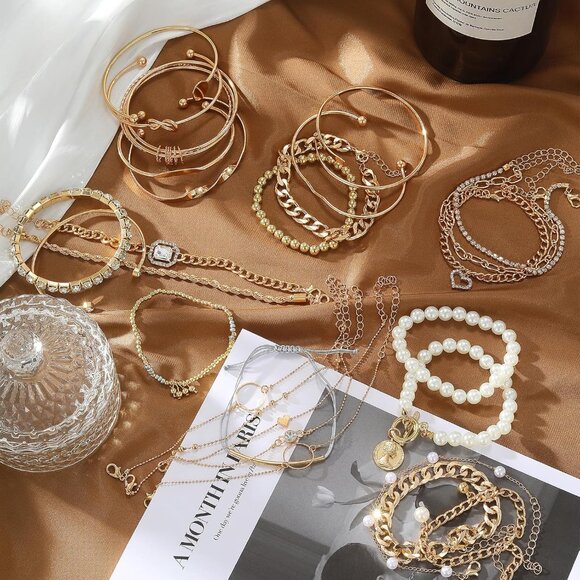 6 PACK 24 PCS Boho Gold Chain Bracelets Set for Women, 14K Gold Plated Multiple - Picture 4 of 7